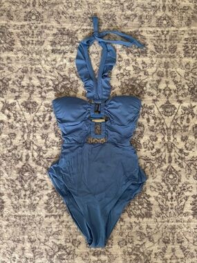 Blue Ruffled Halter One-Piece Swimsuit Size S